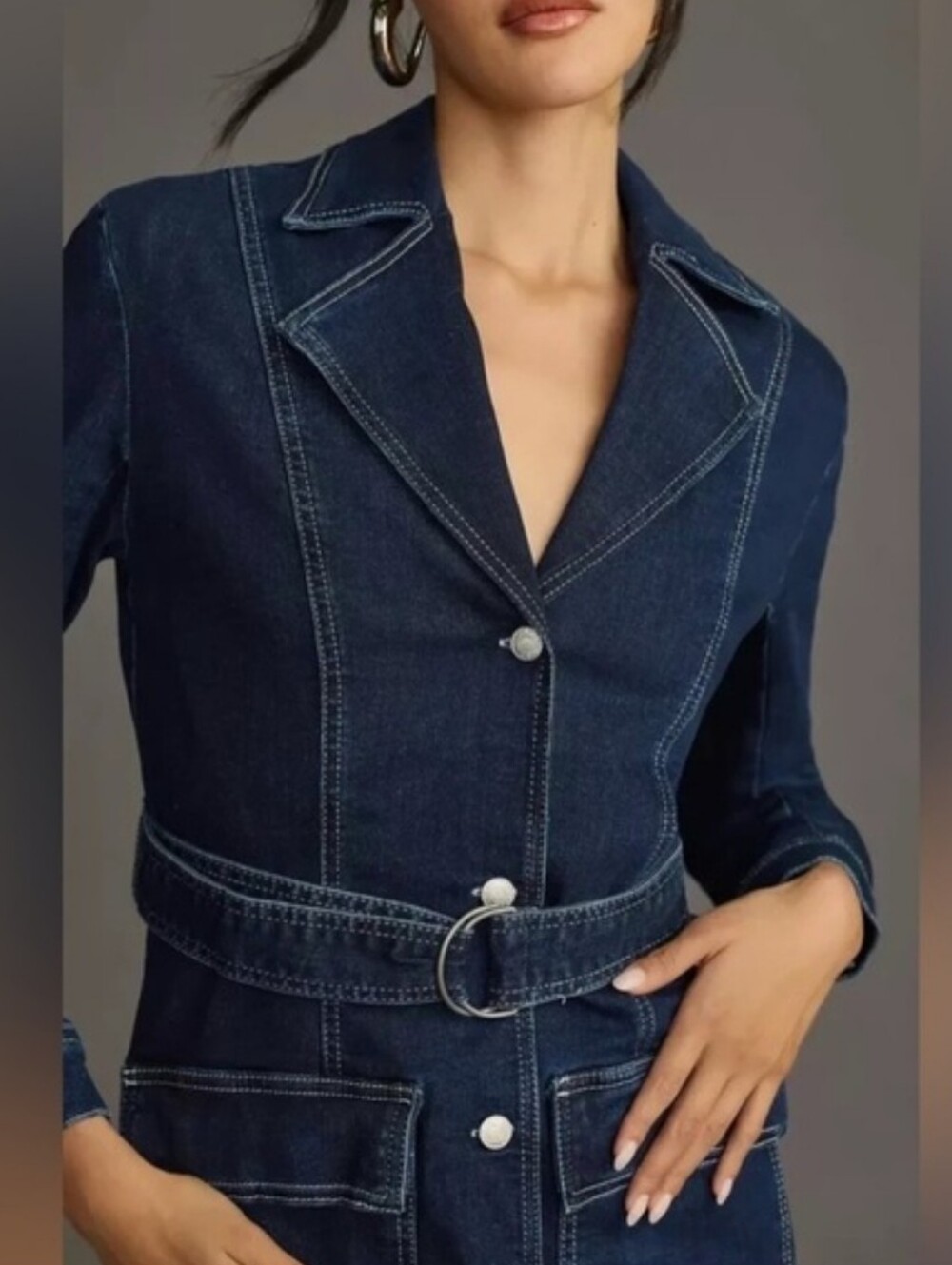 Pilcro Belted Denim Blazer Dress Anthropologie Anthro Blue Jean Womens Size L - Picture 3 of 15